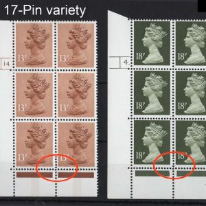 #750 GB Machin cyl blks 13p CB cyl 14 dot, the 17-PIN variety (row 20) cyl blk of 6