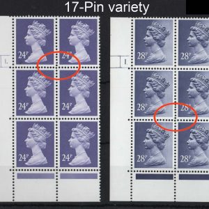 #760 GB Machin cyl blks 24p violet cyl 1 dot, the 17-PIN variety (row 18) cyl blk