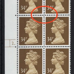 #762 GB Machin cyl blks 34p cyl 2 dot, the 17-PIN variety (row 17) cyl blk of 10