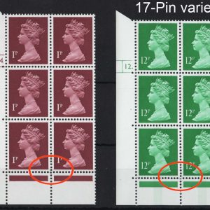 #755 GB Machin cyl blks 1p cyl 14 dot, the 17-PIN variety (row 20) cyl blk of 6