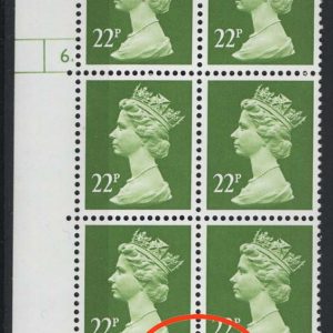 #759 GB Machin cyl blks 22p green cyl 6 dot, the 17-PIN variety (row 20) cyl blk
