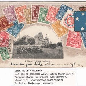 #978 Tasmania Embossed VSM series postcard depicting Victoria State stamps