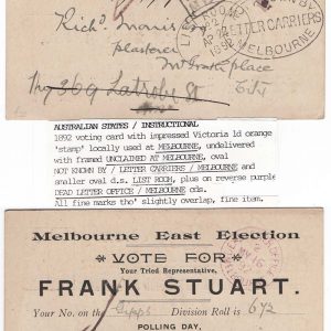 #991 Victoria 1892 Fine 1d orange postal card used locally in Melbourne, boxed