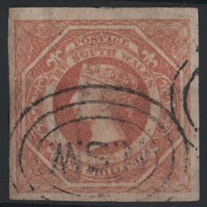 #898 New South Wales 1854 1s pale red vfu, 4 good margins wmk inverted sg100 c£85