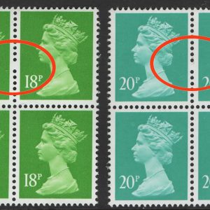 #692 GB 1990 Machin 10p dull orange, 18p green, 20p turquoise, 35p yellow um blocks 4