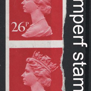 #694 GB 1990 Machin 26p rosine part imperf vertical strip of 6 um but faults