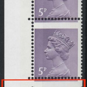 #662 GB 1971 Machin 5p lilac 2B perf comb skip, one stamp imperf at to + 2 x misperf