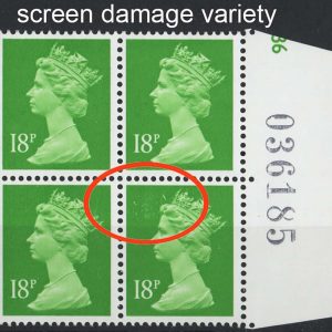 #697 GB 1991 Machin Gravure 18p CB bright green r8/10 screen damage