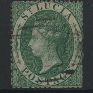 #959 St Lucia 1860 (6d) green wmk small star sg3, some dulled perfs otherwise vfu