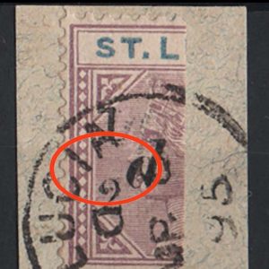#967 St Lucia 1891 ½d on half 6d with missing fraction bar variety vfu on piece