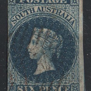 #951 South Australia 1855 6d deep blue wmk large star sg3, tiny hinge thin