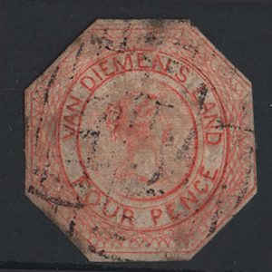 #973 Tasmania 1853 4d plate 1 state 2 red-orange sg7 cut to shape