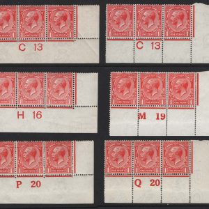 #526 GB 1912 1d scarlet in control strips of 3: C13, C13P, H16, M19P, P20, Q20P