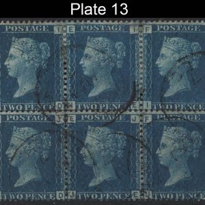 #287 GB 1858 2d blue plate 13 vfu blk of 6 cds cancels ID-JF sg47