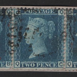 #282 GB 1858 2d blue plate 9 vgu strip of 5 QA-QE on piece sg45