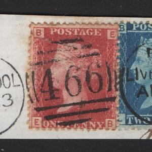 #281 GB 1858 2d blue plate 9 vfu cds on piece with 1d plate 73 sg45