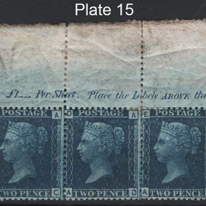#289 GB 1858 2d blue plate 15 f mint inscription marginal strip of 3 AC-AE