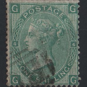 #330 GB 1867 1s green plate 4 wmk spray fu, clear profile sg117