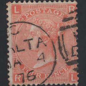 #309 GB 1865 4d vermilion plate 14 fu, fine Malta duplex sg94 c£110
