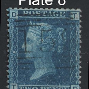 #279 GB 1858 2d blue plate 8 vfu, well centred, light cancel sg45 c£40