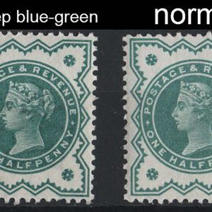 #449 GB 1900 ½d very deep blue-green (Hendon shade) um + normal for comparison