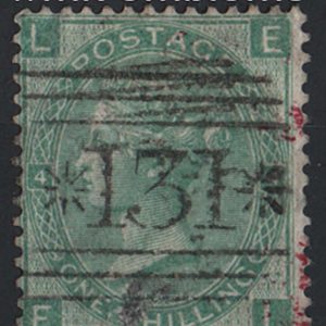 #318 GB 1865 1s green plate 4 wmk emblems fu, neat central *131* Edinburgh numeral