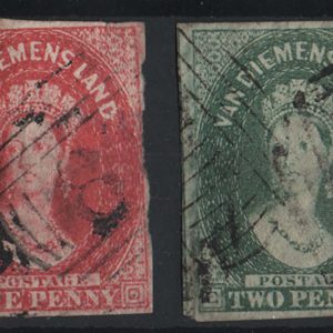 #974 Tasmania 1857 Numeral wmk used: imperf 1d dull vermilion, 1d carmine, 2d ++++