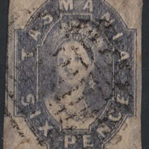 #975 Tasmania 1860 6d grey numeral wmk imperf, vfu 4 good margins sg45
