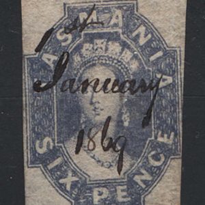 #976 Tasmania 1860 6d grey-violet numeral wmk imperf, fu, pen cancel