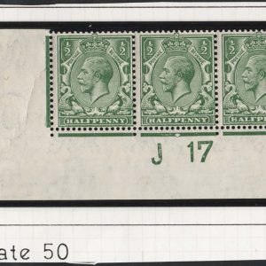 #520 GB 1912 ½d J17 corner strip of 3 um from plate 50