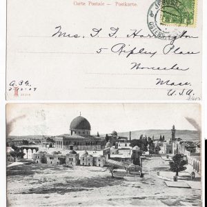 #024 Austrian PO Levant 1909 PPC Temple Platform fu to USA, franked Austrian 5c