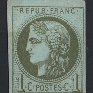 #149 France 1870 Imperf 1c Cérès olive-green/greenish, good/huge margins, fm no gum