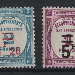#153 France 1929 DUES 1f20 on 2f, 5f on 1f Provisionals sgD471-472 f mint c£140