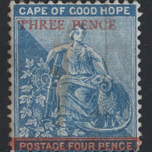 #106 Cape of Good Hope 1879 3d on 4d blue sg34, fresh m/mint c£190