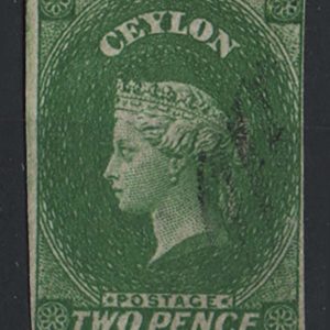 #115 Ceylon 1857 2d yellowish-green imperf vfu, small part light cancel