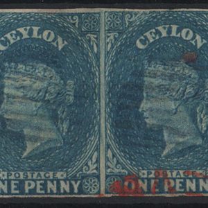 #114 Ceylon 1857 1d blue, blued paper vfu imperf pair, 4 margins