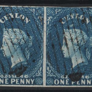 #113 Ceylon 1857 1d deep blue vfu imperf pair, 4 margins, ex touched top left crnr