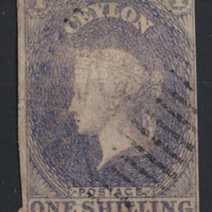 #116 Ceylon 1857 1s pale slate-violet (worn plate) imperf fu, 3 close-good margins