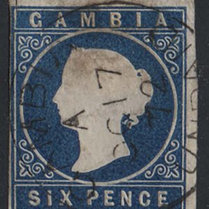 #159 Gambia 1869 6d deep blue no wmk imperf sg3 fu cds, 4 close-large margins