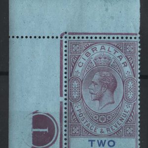 #792 Gibraltar 1921 Script wmk 2s reddish purple & blue/blue um corner plate number