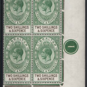 #793 Gibraltar 1925 2/6d green & black, fine um corner plate blk of 4 sg104