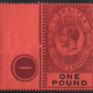 #791 Gibraltar 1912 £1 dull purple & black/red plate number marginal, stamp um sg85