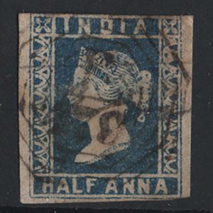 #808 India 1854 ½a blue die 1, sg3, tiny hinge thin otherwise fu 3 margins