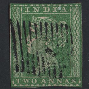 #813 India 1854 2a green sg31 fu, margins as scan