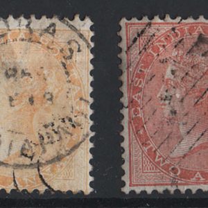 #814 India 1856 No wmk ½a blue, 2a yellow, 2a orange, 8a pale carmine fu sg37