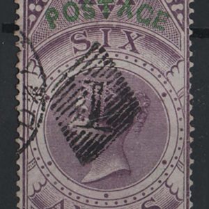#818 India 1866 6s purple with the scarcer Postage ovpt type in green sg67 vfu
