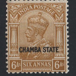#825 India - Chamba 1927 6a bistre (wmk inverted) ovpt Chamba State sg72 um c£32