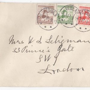 #131 Denmark 1937 HANSSEN Memorial Fund set vfu sg303-305 on neat cover to London