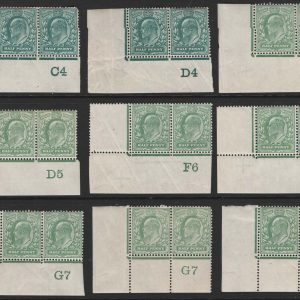 #455 GB 1902 ½d co-extensive rule corner pairs f mint: 9x different controls