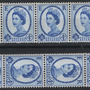 #618 GB 1958 4d in vertical coil strip of 6 um, ditto 1960 4d 9.5mm phosphor wmk
